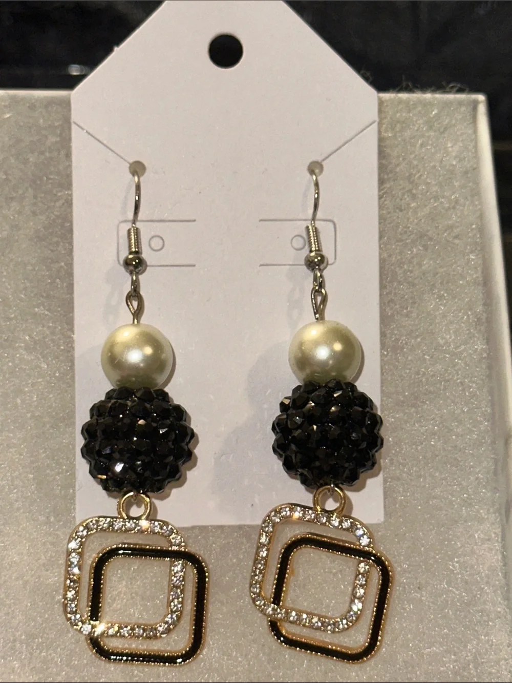 Handmade Elegant Black & Pearl Drop Earrings with Gold-Tone Squares